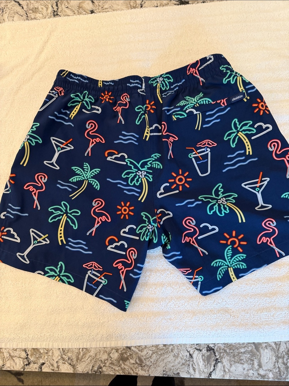 Chubbies Navy Neon Tropical Print Swim Shorts with White Drawstring - Picture 3 of 4